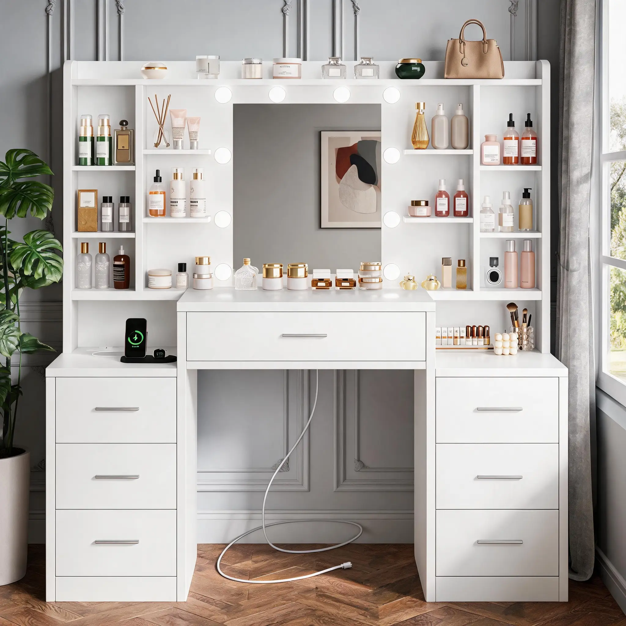 Vanity Desk with Hollywood Lighted Mirror, 47.2" Makeup Vanity Table with 7 Drawers & Charging Station(2 USB & 2 AC Outlets), 3‑Color Dimmable Bulbs, Open Storage Shelves, White Dressing Table for Bedroom
