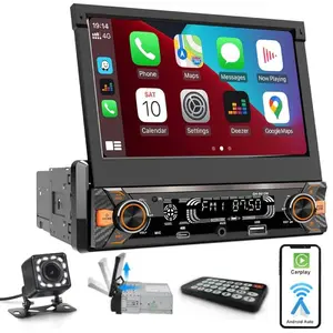 Motorized Flip Out 7 Inch 1Din Car Stereo – Wired Carplay & Android Auto, 30-Band EQ, Fast Charger, 12LED Backup Camera!