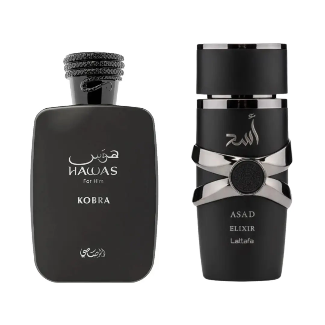 Rasasi Hawas Kobra and Asad Elixir 2-Pieces Men's Fragrance Bundle, Formal Wear Scent with Bold Contrast, Day-Evening Mix, Long-Lasting, Fragrance That Starts With A, Non-Sweet Men's Fragrance