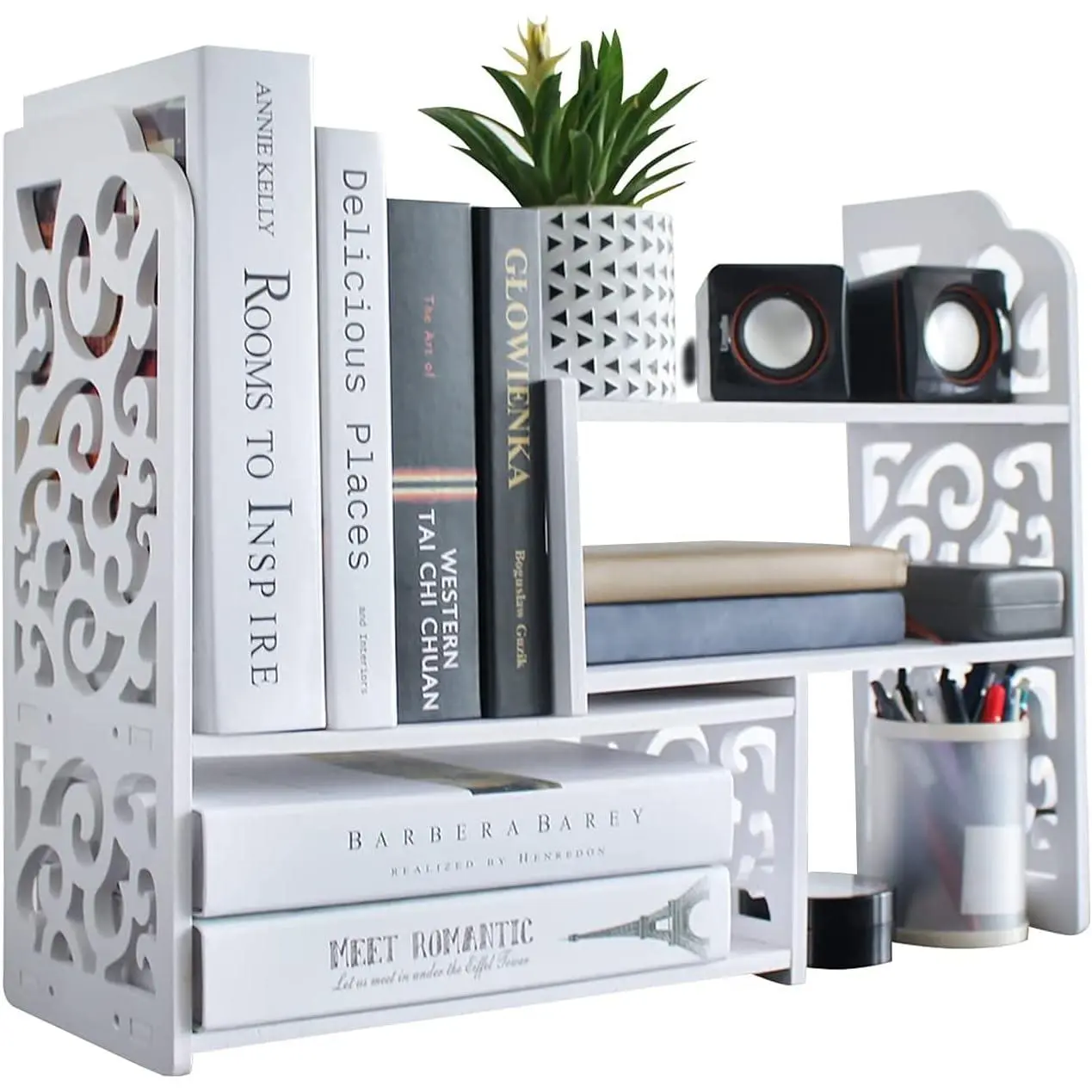 White Adjustable Desk Organizer Shelves - Office Furniture Desktop Hutch, Small Corner Table Top Shelving for Women's Office Organization Decor
