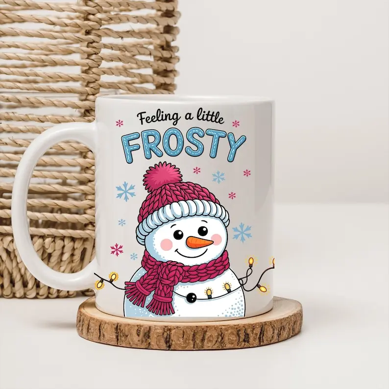 Feeling Frosty Pink Snowman Mug , 11oz & 15oz Christmas Snowman  Coffee Cup