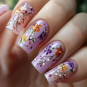 Middle Long Square Nail Art Stickers, New Year Fashion Spring Summer Nail Tips, Glossy Finish, Medium Length, Single Item, Flower Nails