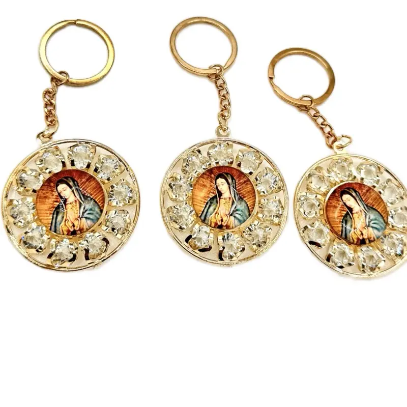 Virgencita de Guadalupe Matching Keychain Set - 12-Piece Gold Chrome Metal Key Rings, Iconic Image, Shiny Surface, Spanish Flair Pride Religious Keepsake Fashion Accessory for Gifting, Metal Coating, Split Ring, Personal Use, Everyday, Family, Keyring, Cu