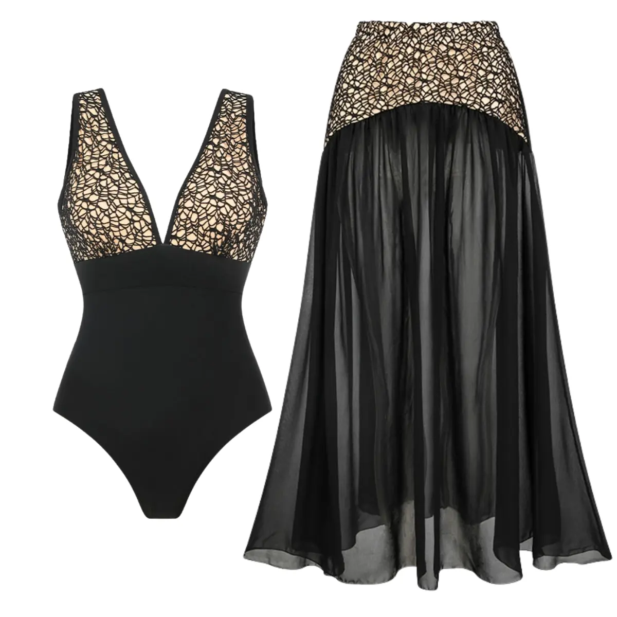 FLAXMAKER Women's Black V-Neck Lace Cutout One Piece Swimsuit with Matching Cover Skirt Set, Stylish Swimdress for Summer Beach Outdoor Fun #SwimWeek#summervibes#SummerWins suit summerwins swimweek summervibes swim woman pool dealsforyoudays