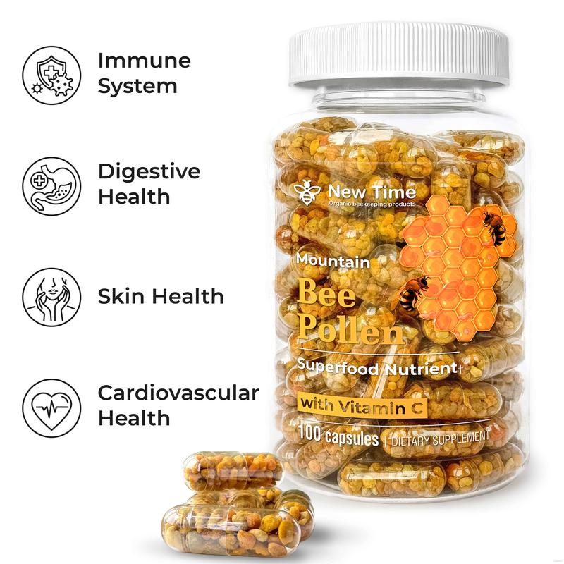 Bee Pollen with Vitamin C, 100 Capsules, Organic Dietary Supplement, Fermented Multivitamin Probiotic Superfood Vital Proteins Immune Support & Energy