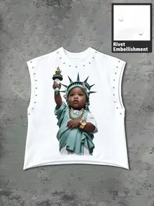 Men's Casual Round Neck Tank Top, Statue of Liberty Print, Gold Chain, Watch, Rhinestone Torch, Minimalist Style, Comfortable Daily Wear, Graphic