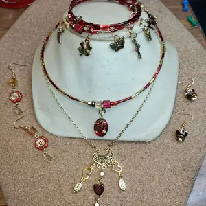 Lady Emjay's "Paint The Town Red" Jewelry Set - Includes Red Beaded Bracelet and Choker, red and goldish earrings, necklace with red and golden charms & Gold-Tone Accessories with Charms