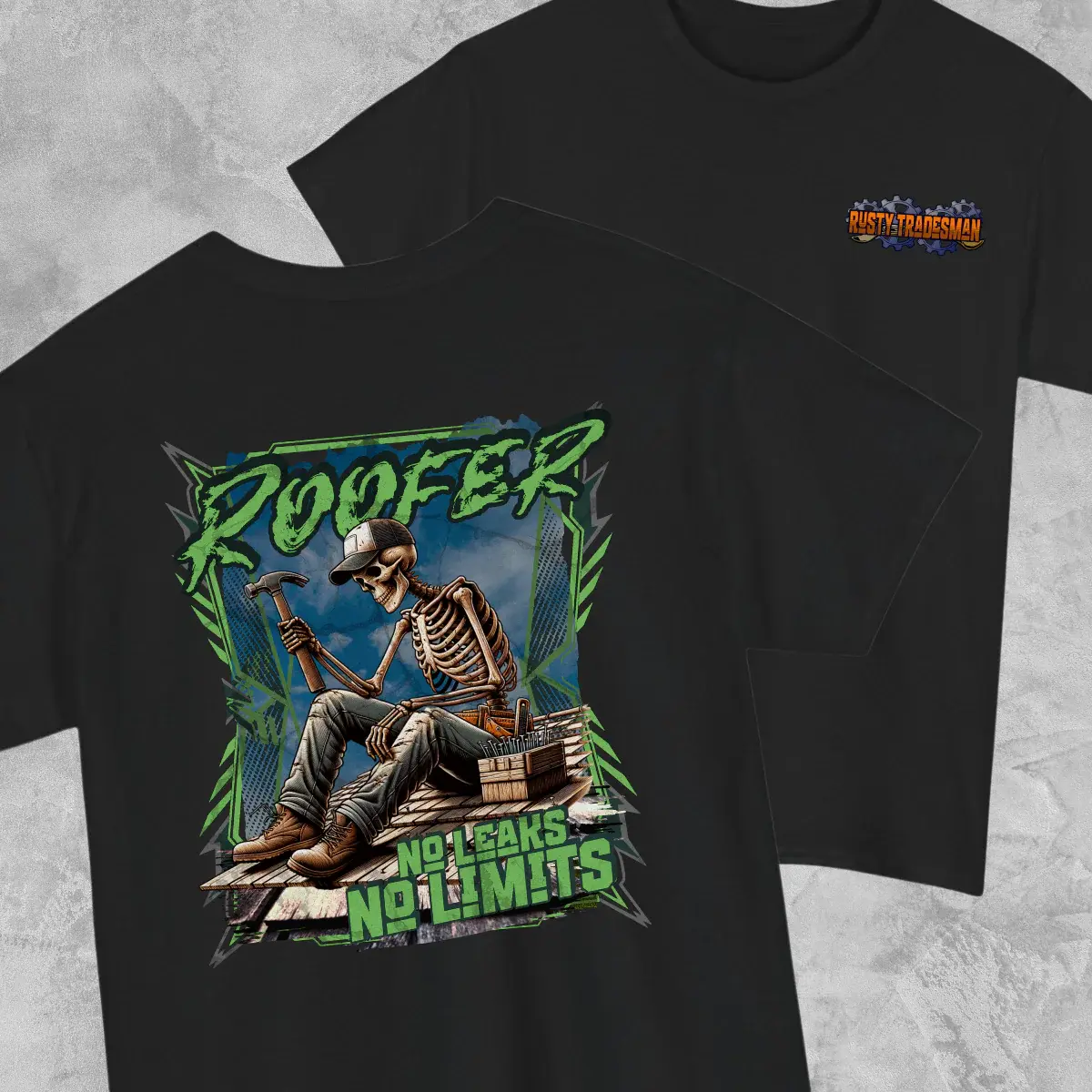 Roofer T-Shirt, No Leaks No Limits Roofing Contractor Graphic Tee, Funny Roofer Shirt for Roofers and Construction Workers, Blue Collar Tradesman Apparel, Gift for Roofing Professionals