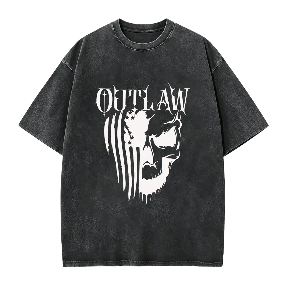 Outlaw Skull American Flag Graphic T-Shirt Purple Vintage Washed Look Streetwear Style Men Women Unisex Oversized Tee Fashion Trendy Casual Top