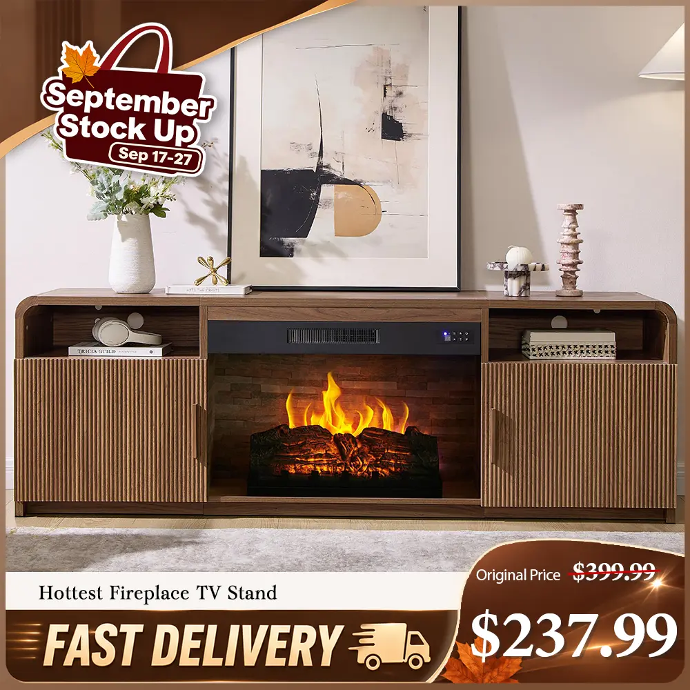 AMERLIFE 70" Fluted Wood Grain TV Stand - Sturdy Modern Media Console with 30" Electric Fireplace, Fluted Doors, Storage Cabinets, Fits 80" TVs, Room Decor Home Goods, Living Room Tables #tiktokshopstockup
