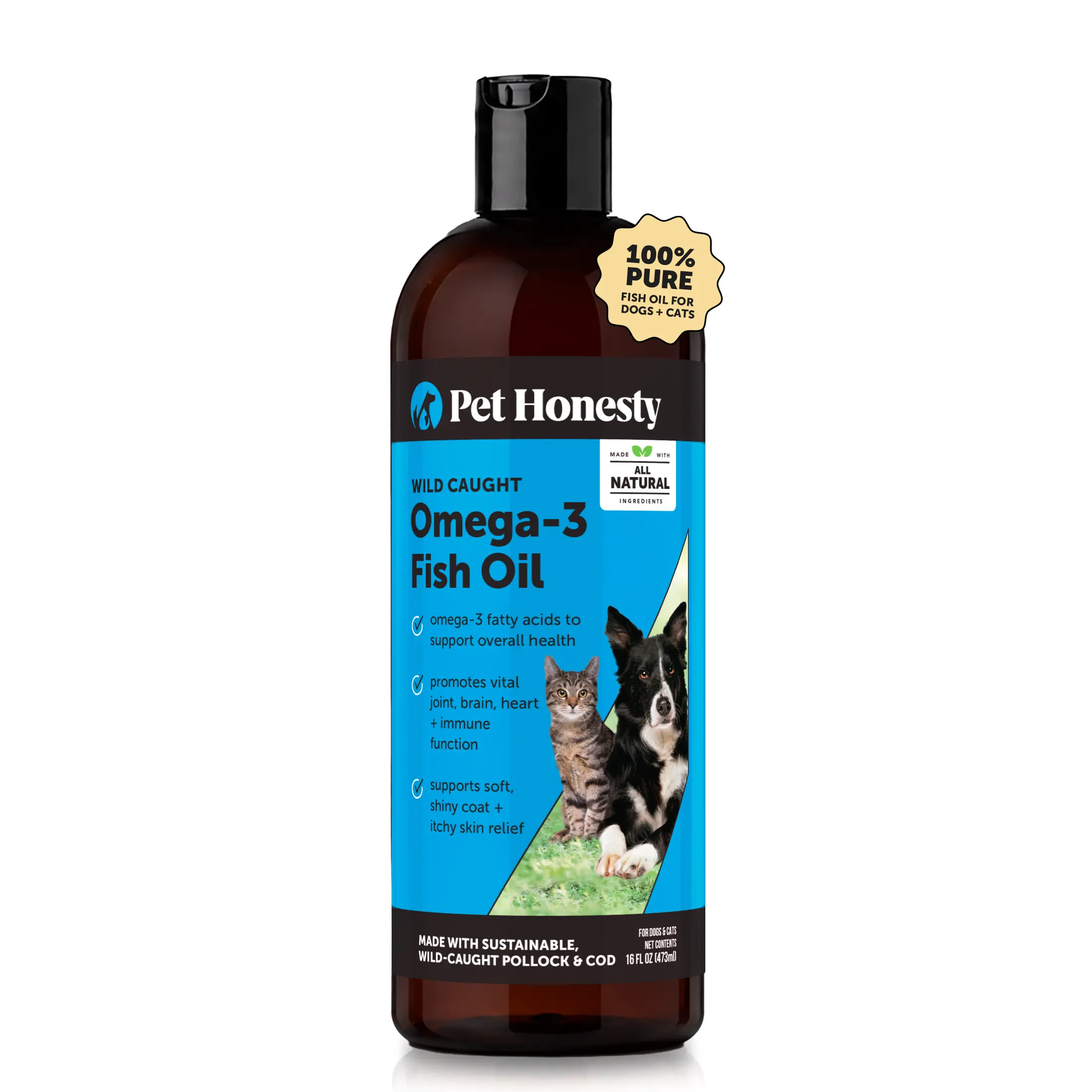 Pet Honesty Wild Caught Omega-3 + Salmon Oil Fish Oil for Dogs and Cats - 16 Ounce Bottle with Wild Caught Salmon & Pollock for Joint Heart Skin Coat Brain Health