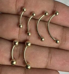 14K solid yellow gold curved barbell with solid gold balls - 16G internally threaded curved barbell eyebrow rook piercing gold rook barbell