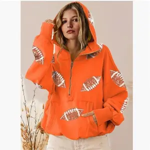 Women's game day sweatshirt, football sequin hoodie, tailgate apparel, long sleeve zip-up sweater with pockets, long sleeve zip-up pullover
