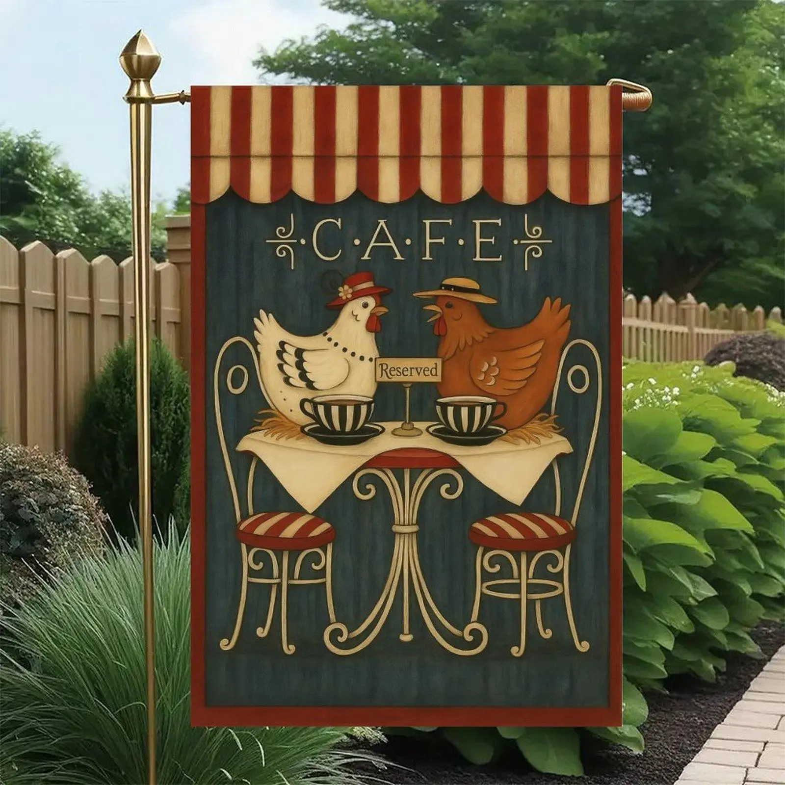 Primitive Farm Chicken Cafe Reserved Art Double Sided Garden Flag 12x18in, Country Hen Bistro Outdoor Lawn Decor
