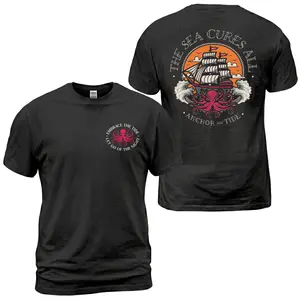 The Sea Cures All Anchor Tide T-Shirt, Nautical Pirate Ship Graphic Tee With Octopus Back Print, Front Chest Sea Life Logo Shirt, Coastal Boat Lifestyle Apparel Gift for Men and Women