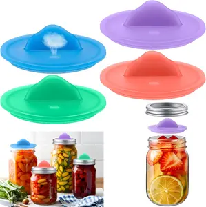 Airlock Fermentation Lids for Wide Mouth Mason Jars, 4 Pack Silicone Self Burping Mason Jar Airlock Lid for 3" Jars