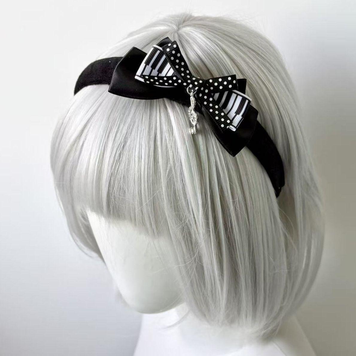 Y2K Black White Polka Dot Piano Key Bow Music Note Headband Cute Gothic Hair Accessory