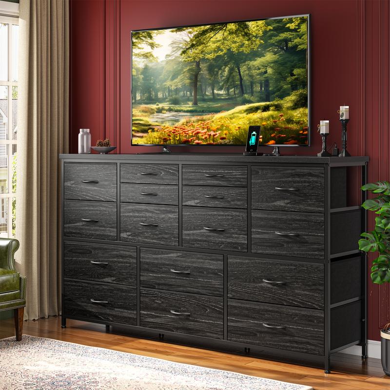 Raybee Furniture Dresser with 16 Drawers, Multifunctional TV Stand & Charging Station, 51.1" Long, 34.8" Height, 3 Power Outlet & 2 USB Ports