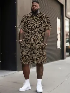 Men's Plus Size Summer Leopard Print Short Sleeve Set, Quick-Dry Sporty Round Neck T-Shirt and Shorts, Comfortable Casual Workout