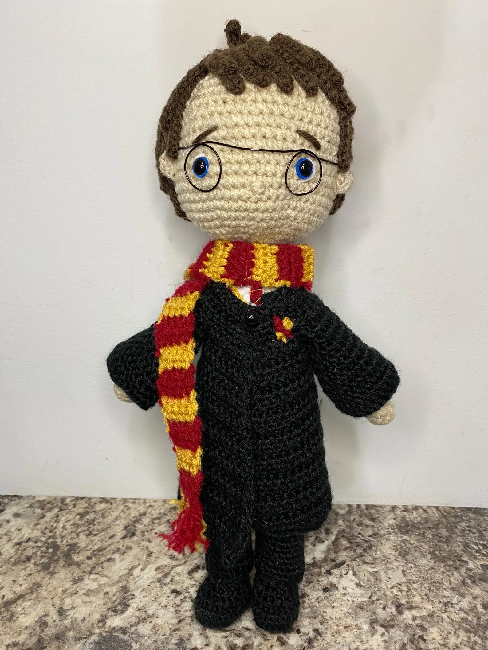 Crochet Harry Potter Doll Classic Edition with Safety Eyes Aluminum Wire Glasses Removable Gryffindor Scarf & Robe Embroidered Tie Forehead Scar Hypoallergenic Poly Fill