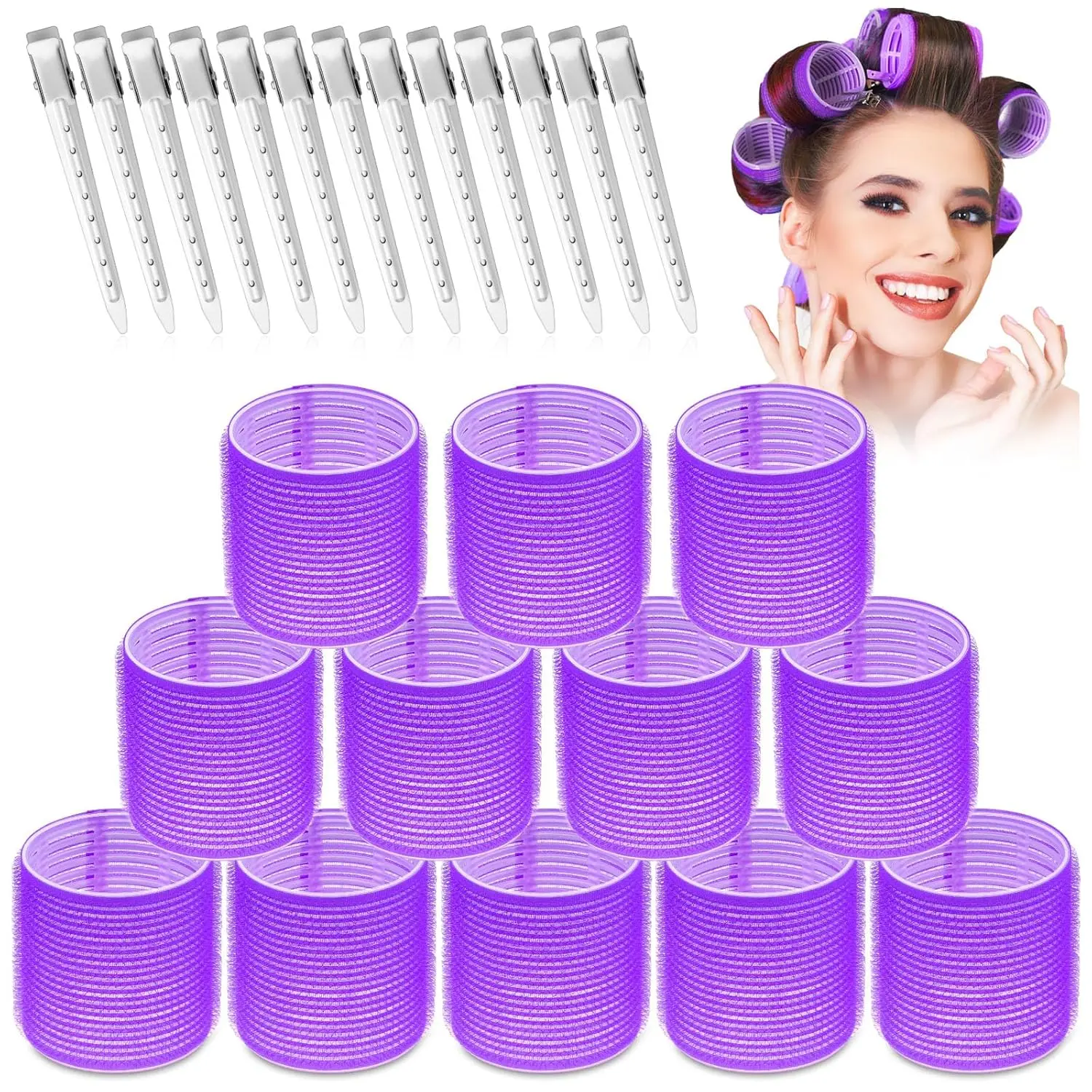24Pcs Hair Curlers Rollers include 12 Hair Roller Curlers Self Grip Holding Rollers and 12 Stainless Steel Duckbill Clips for Long Hair Volume (Purple) - Home Improvement.