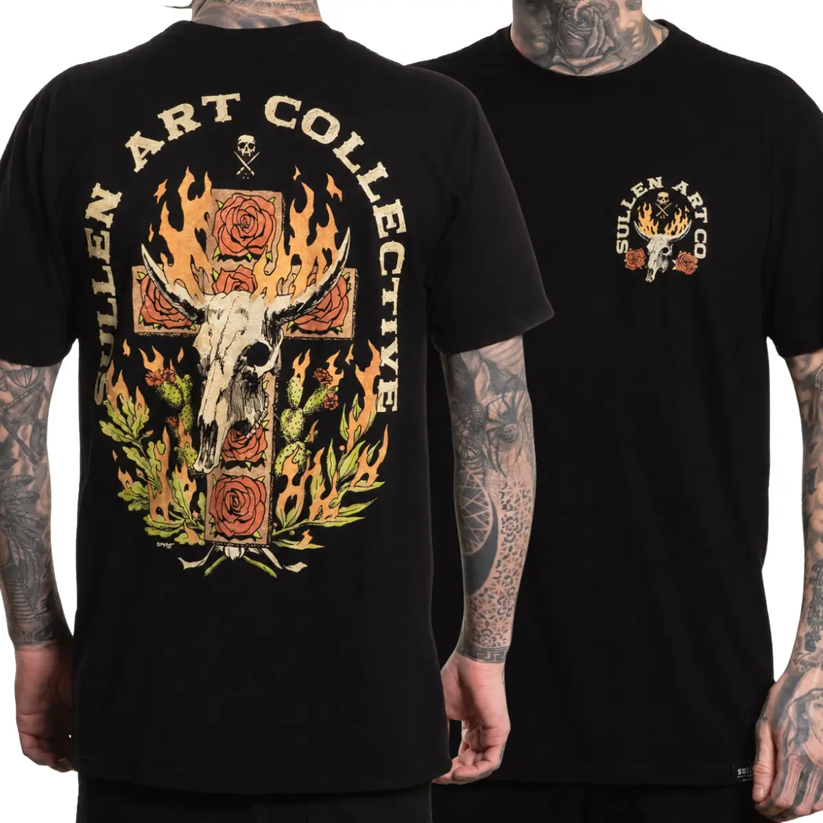Sullen Art Collective Menswear Classic Short-Sleeve Round Neck Casual T-Shirt - Dark Western Tattoo Style, Flaming Cow Skull Gothic Streetwear Back Print (Sports & Outdoor Sports Top), Shortsleeve, Tops, Cotton, Tee
