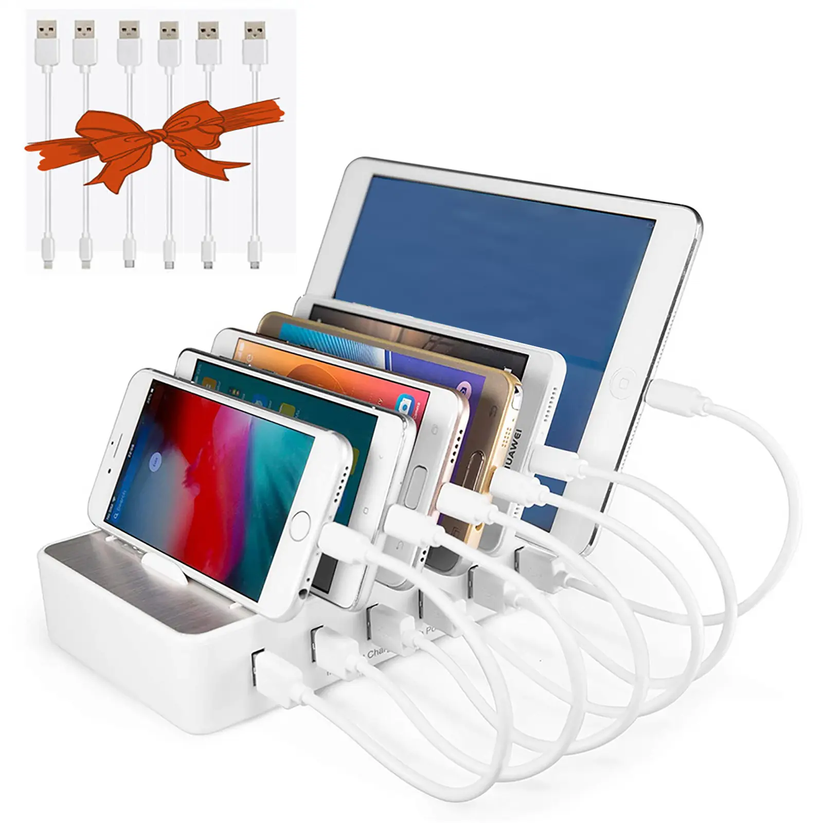 CHARGEKNIGHT 6-USB Port Multi-Device Charging Station, Electronic Charger for Mobile Smartphones, Cellphones, Apple iPhone/iPad, Android Phones/Tablets, and Cables