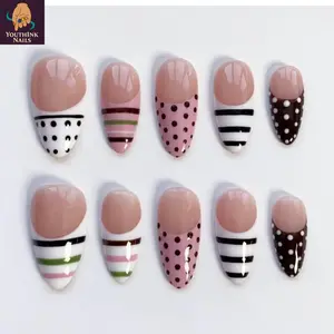Pastel Stripe Polka Dot Press On Nails, Nude Pink Clean Design, Minimal Cute Handmade 3D Nails for Everyday Wear