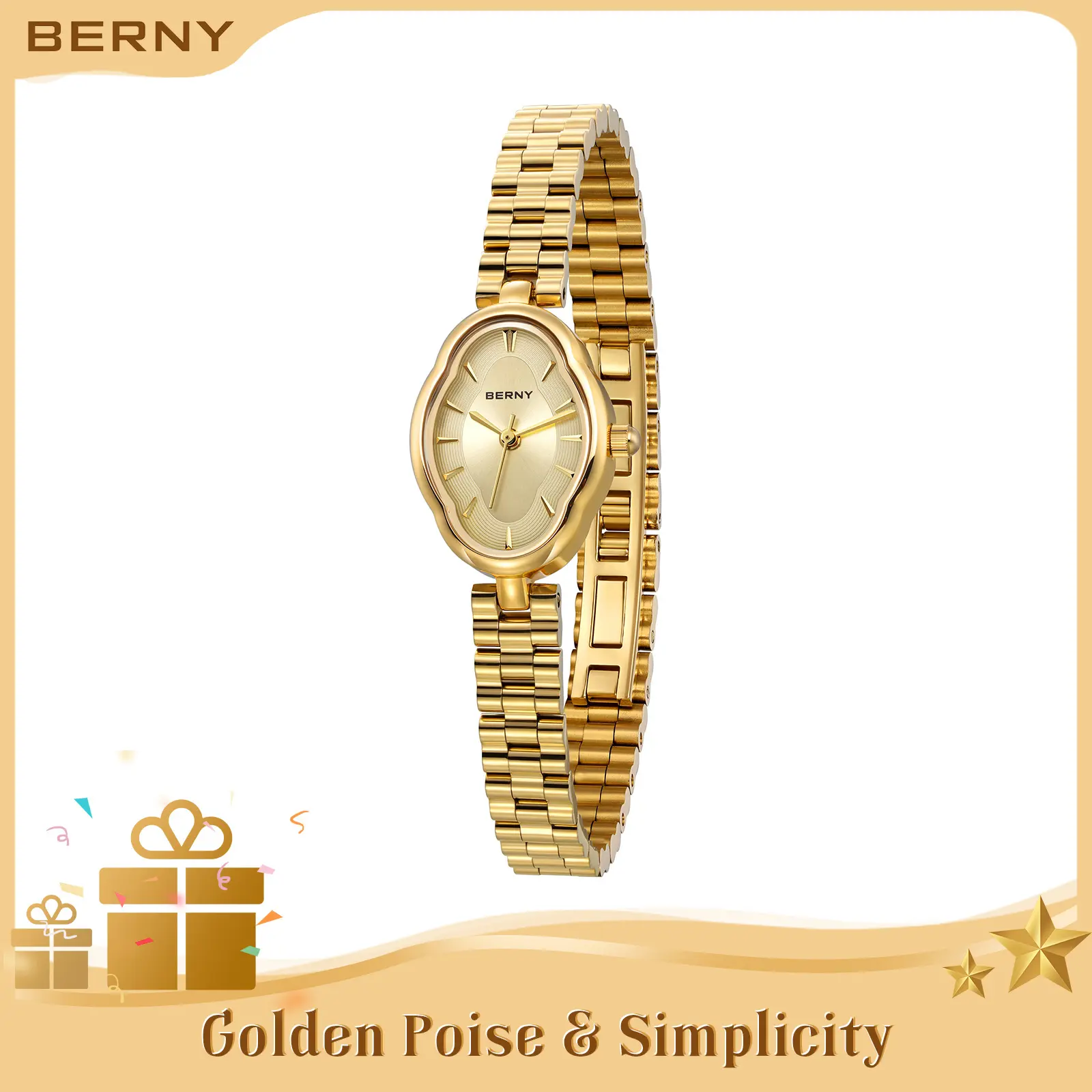 BERNY Gold Cloud-Inspired Women's Watch - Small Dainty Quartz Watch for Small Wrists, Stainless Steel Adjustable Bracelet, Vintage Minimalist Jewelry Dress Watch, 3ATM Waterproof, Gift for Women, Reloj de Mujer, TikTokShopBackToSchool