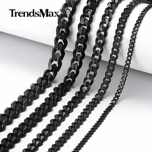 Black Color Stainless Steel Cuban Curb Link Chain Necklace 3/5/7/9/11mm 18-30", Fashion Jewelry for Female Males Mens Christmas Gift