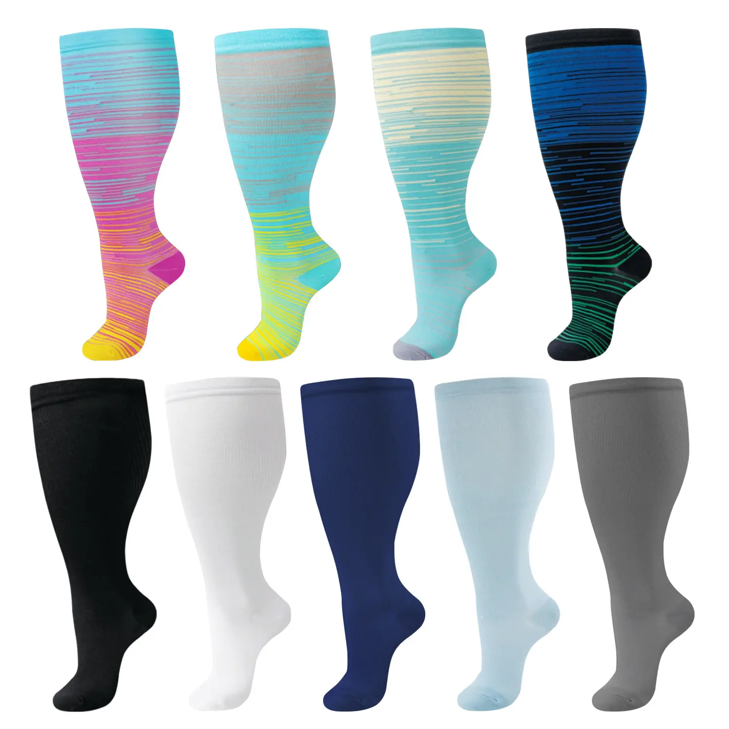 2-Pairs Wide Calf Athletic Stretch Sports Socks, Moisture-Wicking Breathable Skin-Friendly Fabric, Graduated Compression, Reinforced Heel, Plus Size for Gym Sports, Running, Daily Use