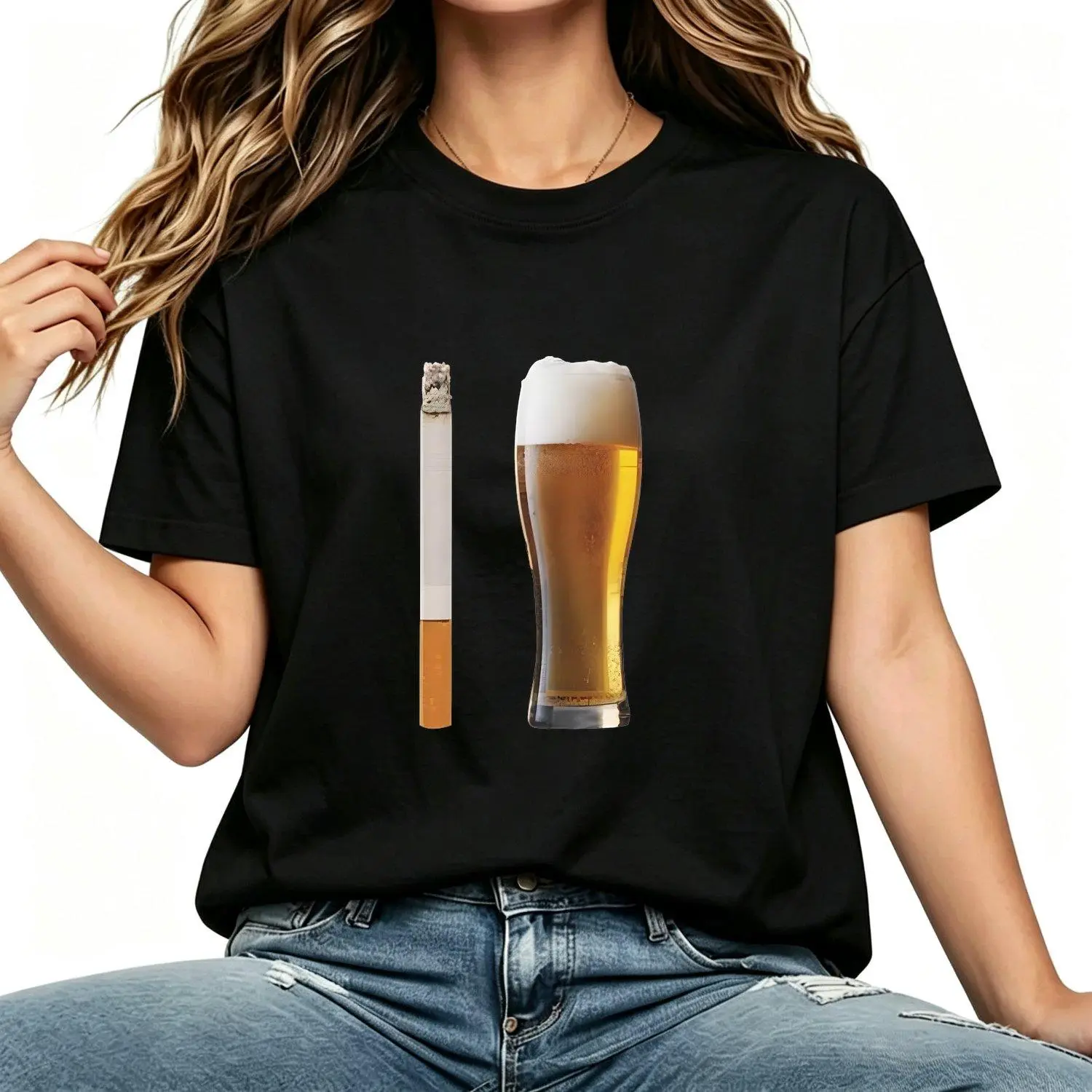 Beer And Cig Combo Graphic T shirt Printed Design Women Casual Vintage Retro Novelty Short Sleeve Statement Graphic Tee Apparel