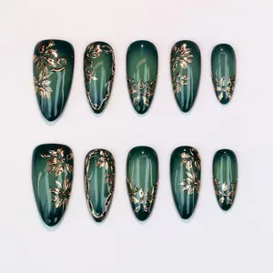 Green Ombre & Gold Floral Almond Press On Nails | Hand-painted Leaf Design | Luxury Nail Art/Party Nails/Festival Nails/Birthday Gift Nails