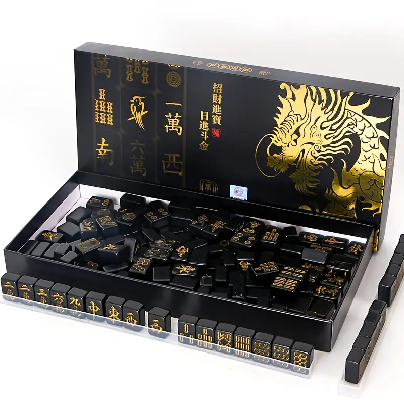 Classic Black & Gold Travel Mahjong Set with Dice & Trays | Portable Mini Chinese Standard Tile Game | Compact 4-Player Board Game for Outdoors, Camping & Family Gathering