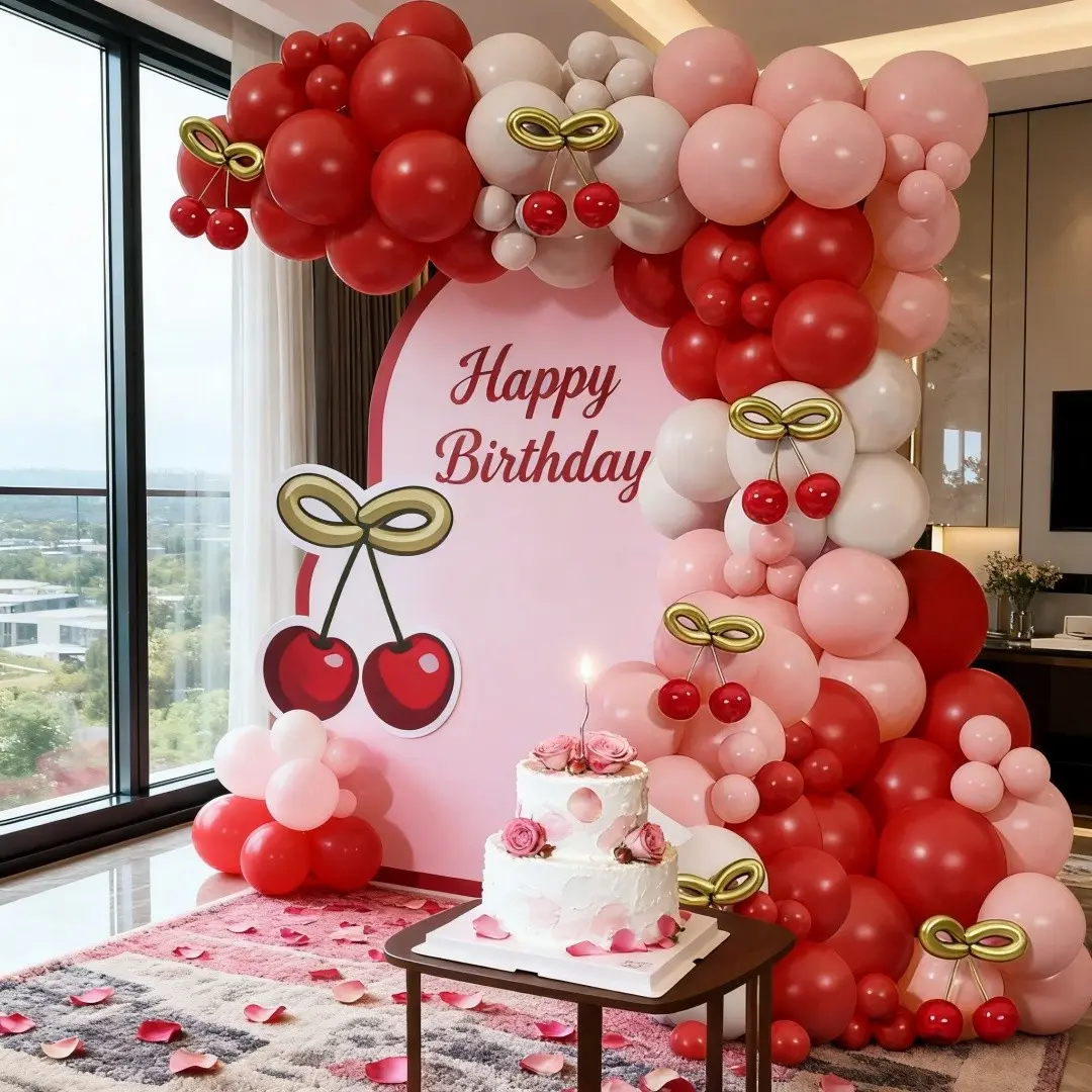 142 Cherry Theme Balloons, Arch Design, Thick Latex Balloons, Streamers, Decor, Party Balloons, Balloon Decorations, Perfect for Happy Birthday Parties