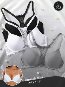 3PCS Lace Underwire Seamless  Bra Lingerie Underwear, Push-Up Anti‑sagging Comfortable Breathable Front Buckle Deep V Lace Backless Adjustable Straps,Daily Wear Backless Dates