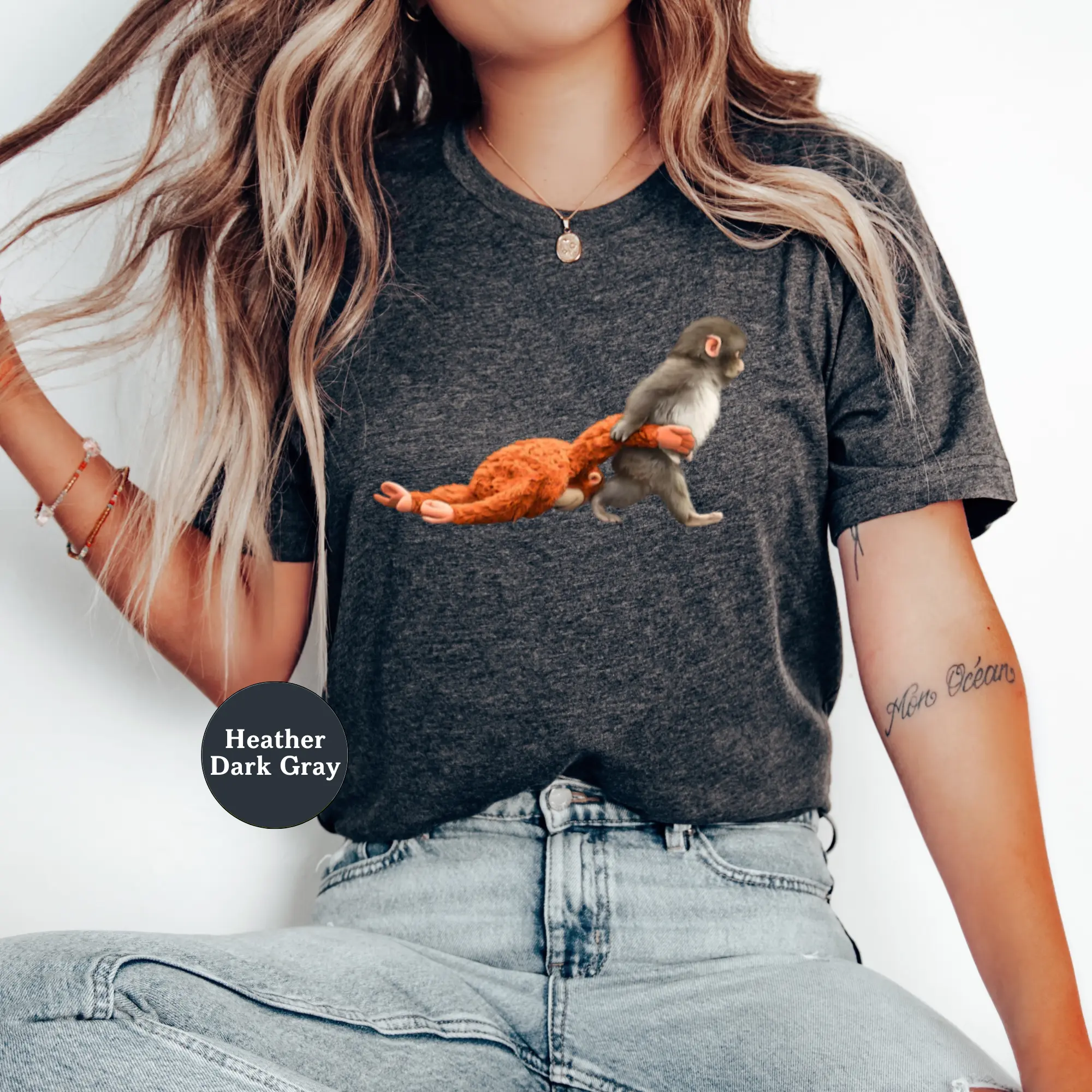 Monkey Punch Graphic T-Shirt, Baby Monkey Holding Plush Toy, Animal Lover Gift, Cute Cozy Sweatshirt