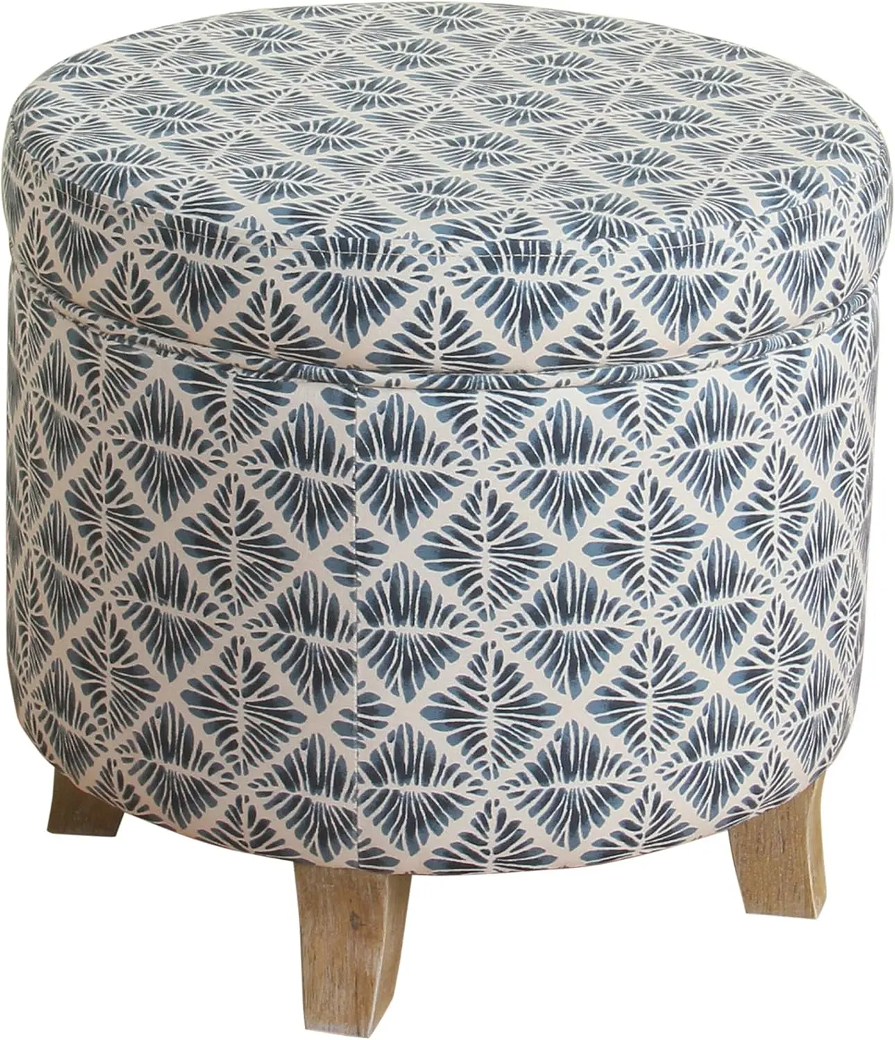 Homepop Large Armless Classic Woven Chenille Upholstered Round Storage Ottoman - Navy Blue Geometric Print, Flared Legs, Ample Storage Space for Living Room, Bedroom