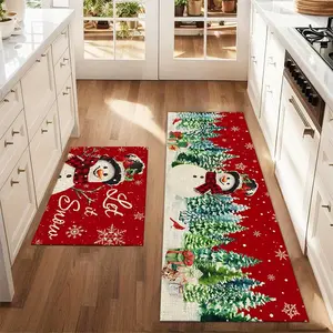 2Pcs Christmas Snowman Christmas Tree New Year Floor Mat Set Farmhouse Kitchen Rug Dining Room Flooring Laundry Room Decor Carpet Mat