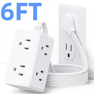 6-Foot Flat Plug Power Strip 3-Side White Extension Cord with 6 Wide-Spaced Outlets Surge Protector-Free Ideal for Cruise Ships Dorms Home & Office Wall-Mountable ETL Certified