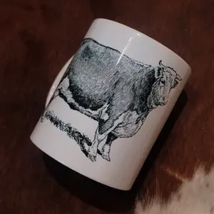 Cattle Mug - White Ceramic Drinkware with Cattle Design, Reusable and Washable