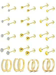 16 Pairs Small Stud Earrings Stainless Steel Flat Back Tiny Stud Earring Huggie Hoops for Women Men CZ Ball Disc Stud Screw Back Cartilage Earring Set for Multiple Piercing 20G Gold Silver Tone Fashionable Huggie Earrings Trendy Jewelry
