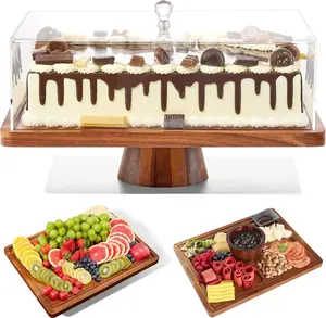 Cake Stand with Lid-Acacia  Cake Stand,2-in-1 Shatterproof Serving Platter & Charcuterie Board with Lid, Dessert Table Display for Party,Fruit Tray,Cheese,Veggie,Large Rectangular Cake Dome Cover