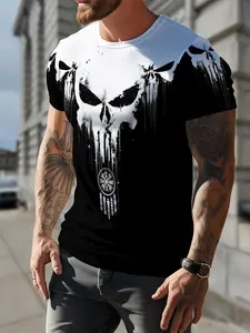 Men's Skull Print Short Sleeve T-Shirt, Fashionable Round Neck Casual Streetwear Top, Fitted Long Style Without Collar, Menswear