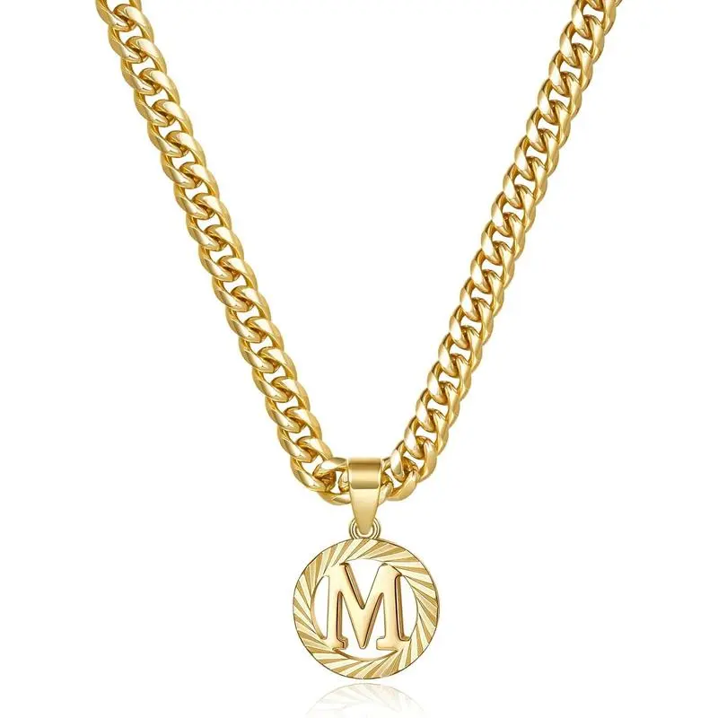 Gold Initial Necklace,14K Gold Plated Round Letter Pendant Hollow Capital Monogram 5mm Cuban Chain Necklace Alhpabets from A-Z Dainty Jewelry for Women Men