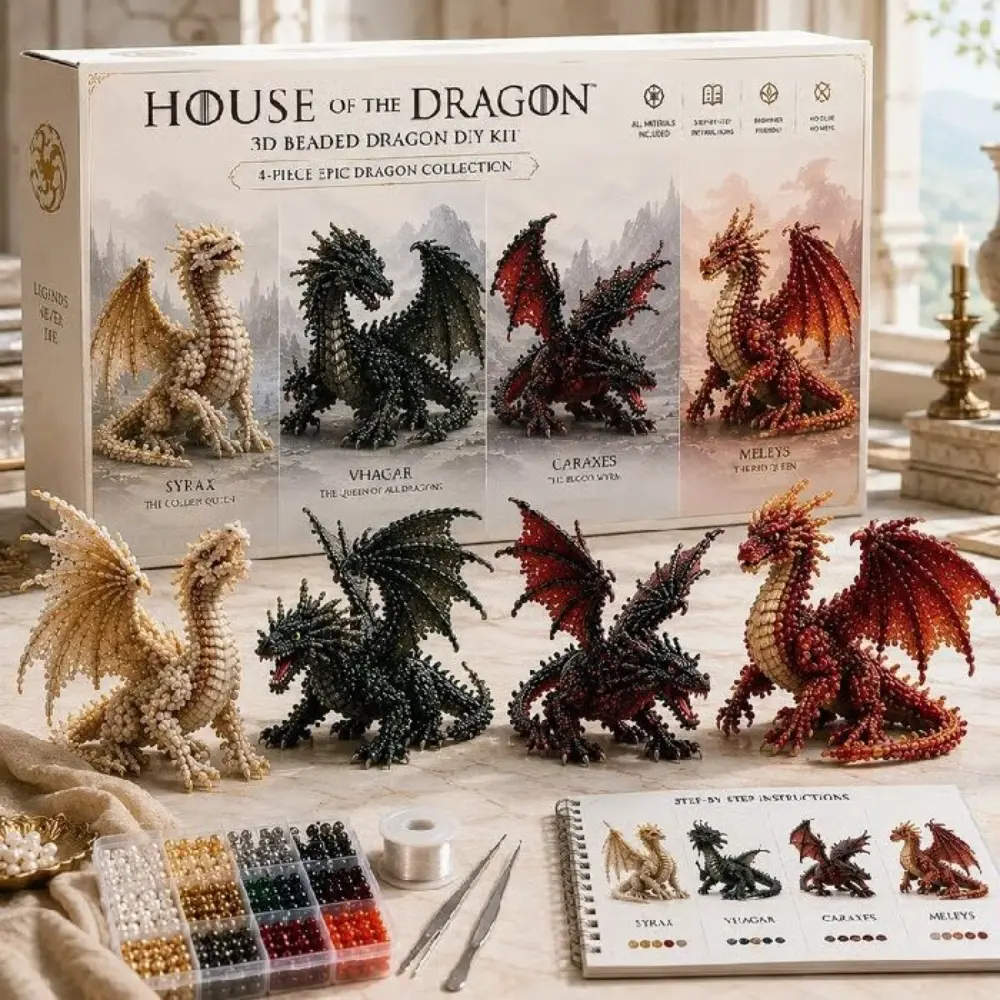House of The Dragon 4 Pack 3D Beaded Dragon DIY Kit, Complete Handmade Beading Supplies Set for Adult Beginners, Epic Dragon Figurine Craft Making Kit for Home Decor Gift