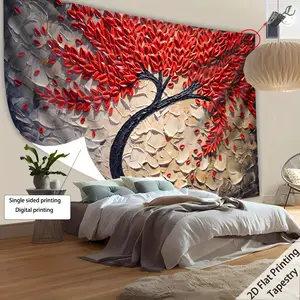 [2D Flat Printing]1pcs Ultra large size Red Tree of Life Landscape Photo Tapestry Home Decoration for Living Room Bedroom Office Home Room with Free Hanging Clips
