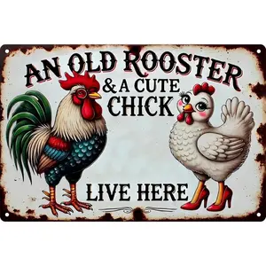 Vintage Chicken Coop Metal Signs  8x12 inch- An Old Rooster & A Cute Chick Live Here Chicken Tin Sign, Funny Metal Signs Accessories Outdoor Home Wall Decor