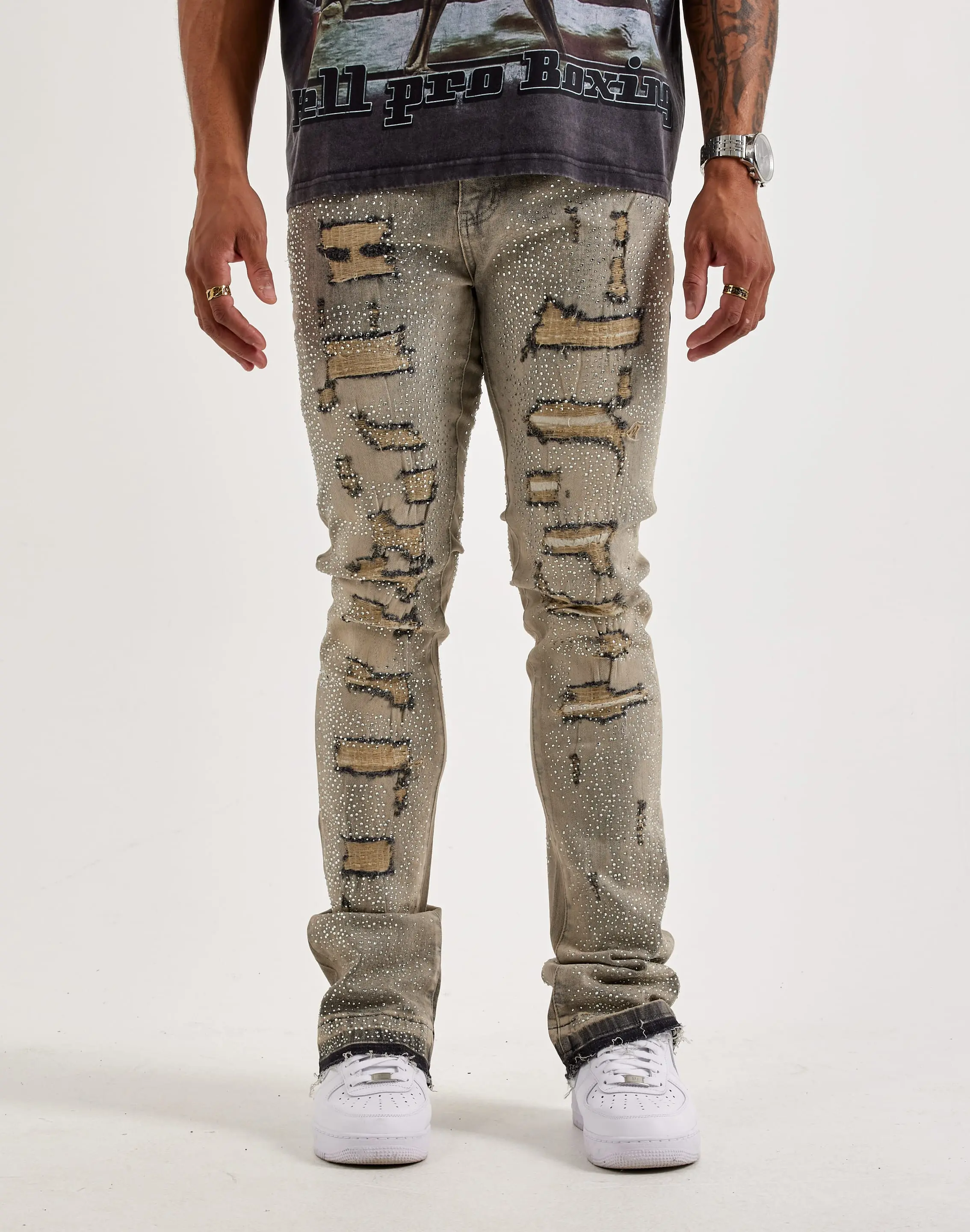 Mens WAIMEA Stacked Rhinestone Distressed Denim Jeans