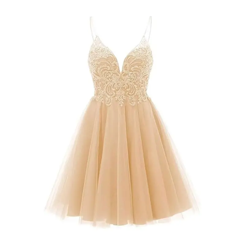 beige short prom dresses A-Line Beige Tulle Short Prom Dress, Beige Cute Homecoming Dress main image 1